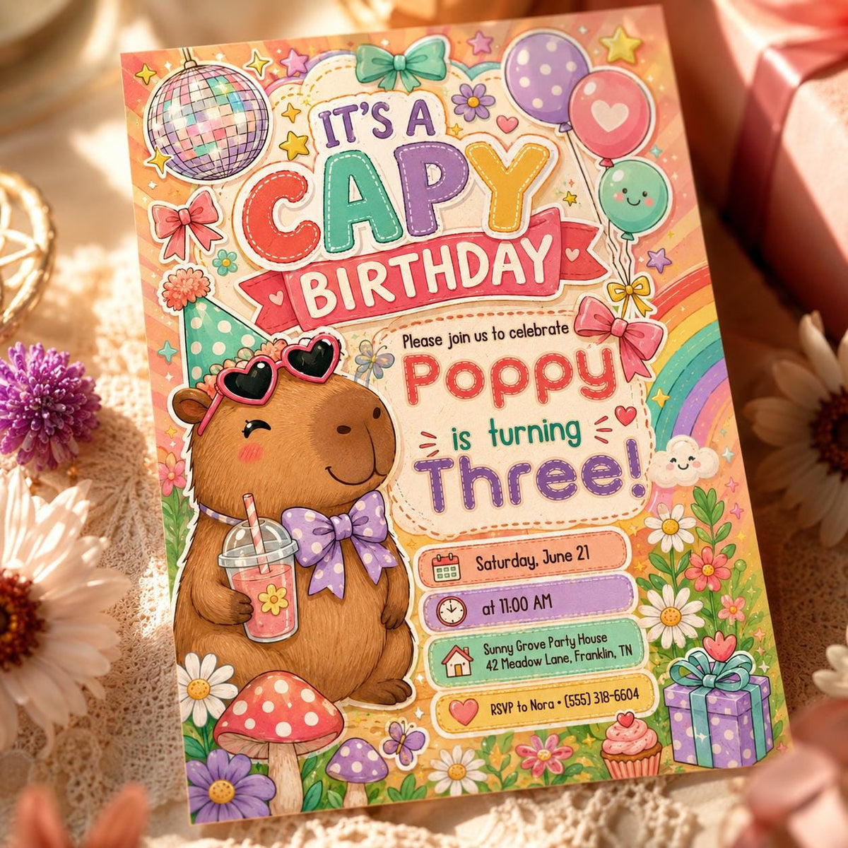 Pink Capybara Birthday Invitation — digital invitation, instant download