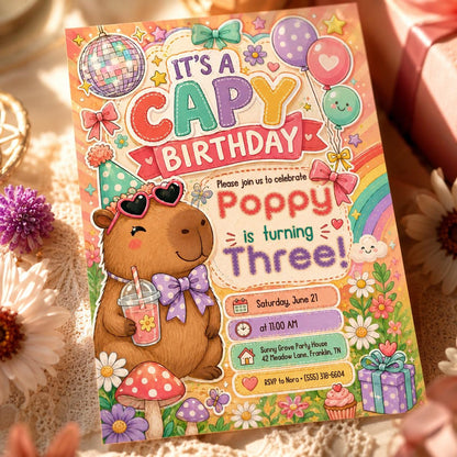 Pink Capybara Birthday Invitation — digital invitation, instant download