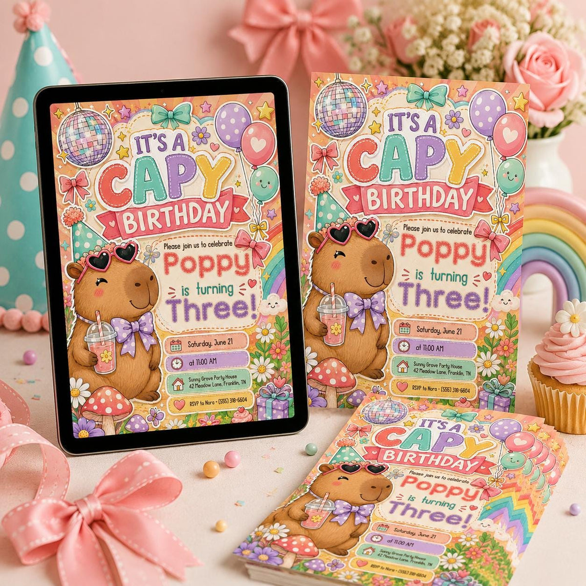 Pink Capybara Birthday Invitation — birthday party stationery by VoltBy