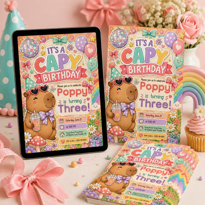 Pink Capybara Birthday Invitation — birthday party stationery by VoltBy