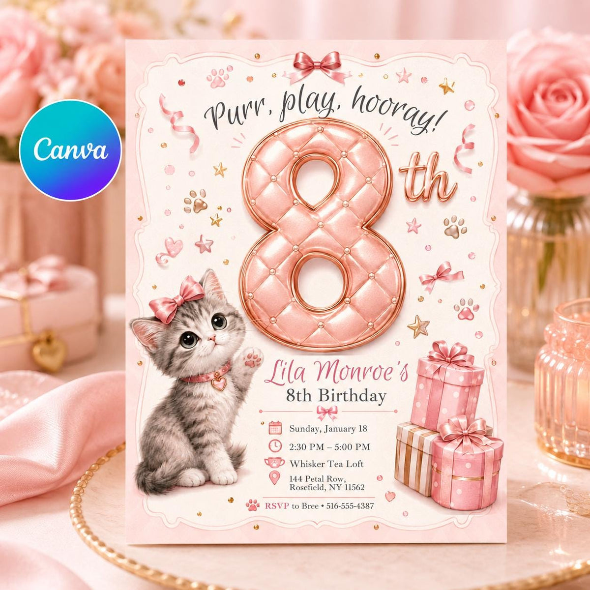Pink Cat 8th Birthday Invitation for Girls — editable Canva template