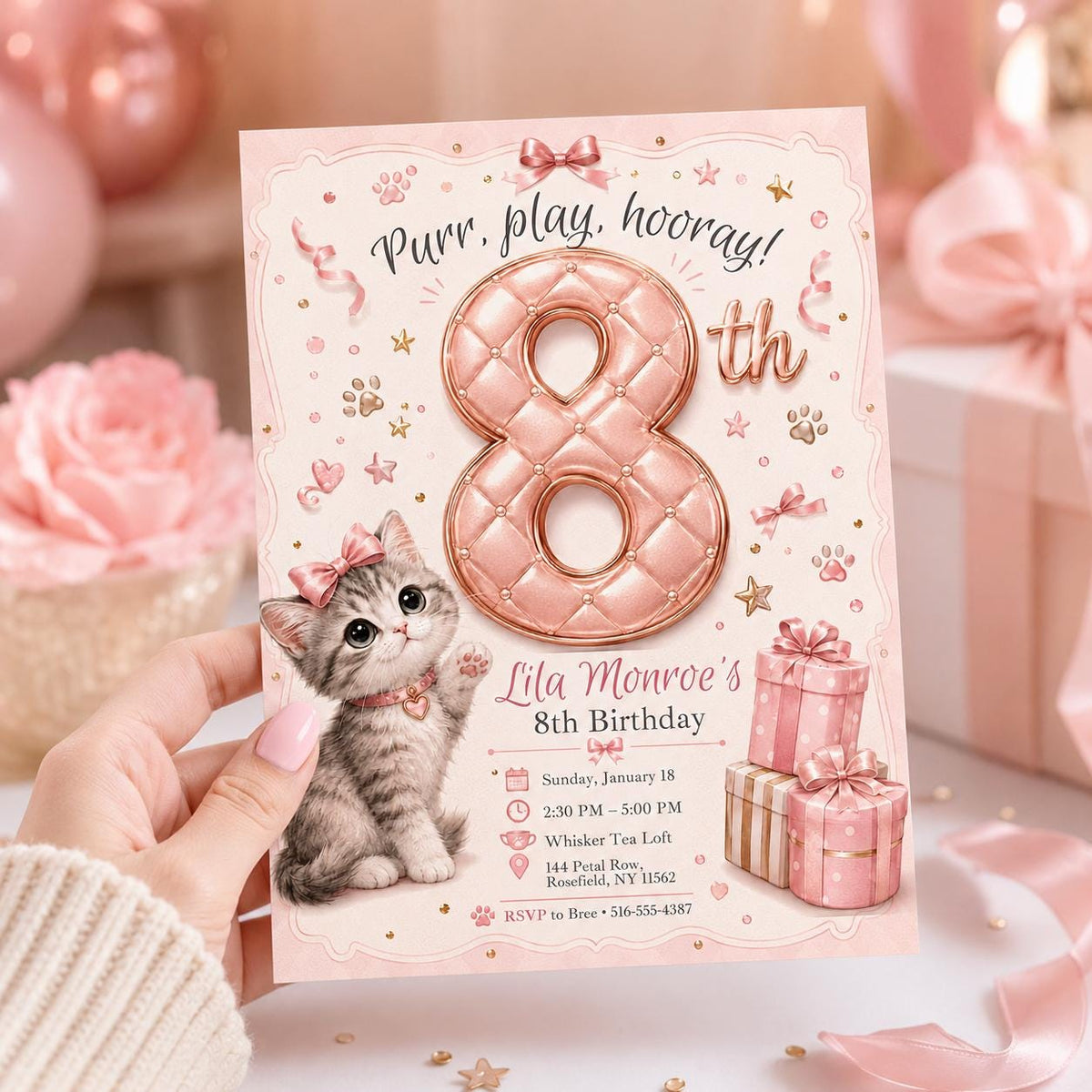 Pink Cat 8th Birthday Invitation for Girls — digital invitation, instant download