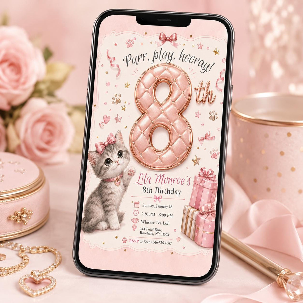 Pink Cat 8th Birthday Invitation for Girls — 8th birthday party stationery by VoltBy