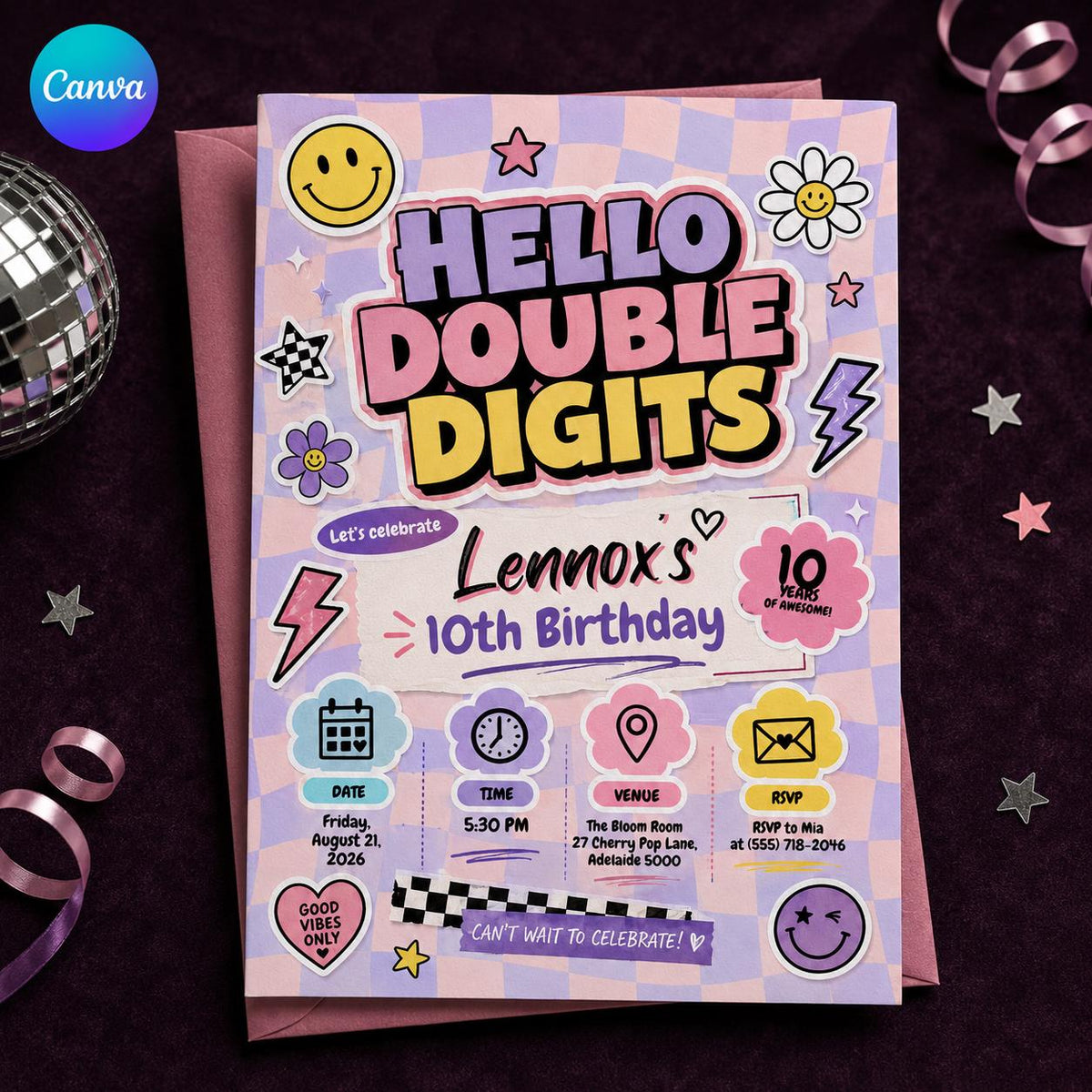 Pink Checkered Hello Double Digits 10th Birthday Invitation — editable Canva template