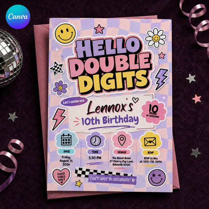 Pink Checkered Hello Double Digits 10th Birthday Invitation — editable Canva template