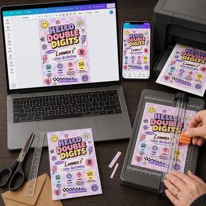 Pink Checkered Hello Double Digits 10th Birthday Invitation — invitation you personalize in Canva