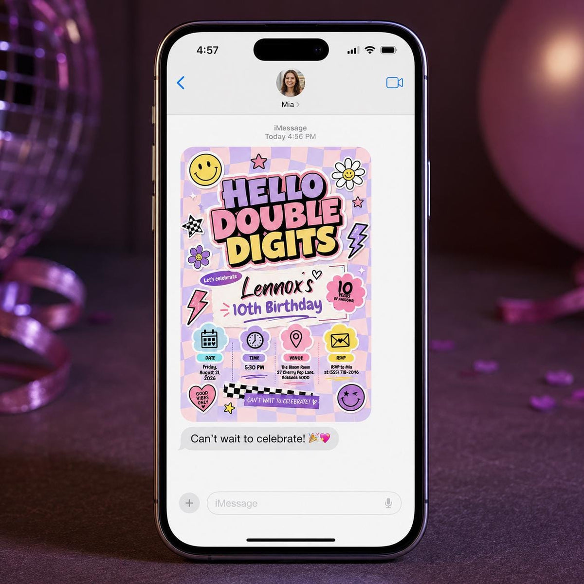 Pink Checkered Hello Double Digits 10th Birthday Invitation — digital invitation, instant download