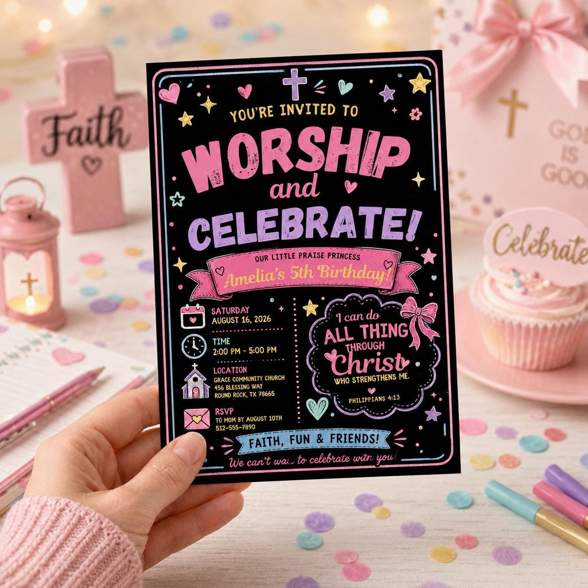 Pink Christian Birthday Invitation for Girls — print-ready birthday party design from VoltBy