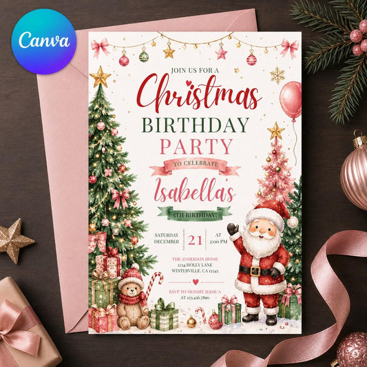 Pink Christmas 5th Birthday Invitation for Girls — editable Canva template