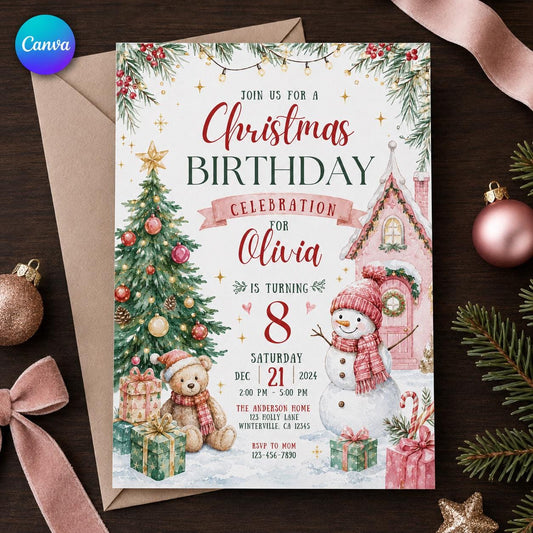 Pink Christmas 8th Birthday Invitation for Girls — editable Canva template