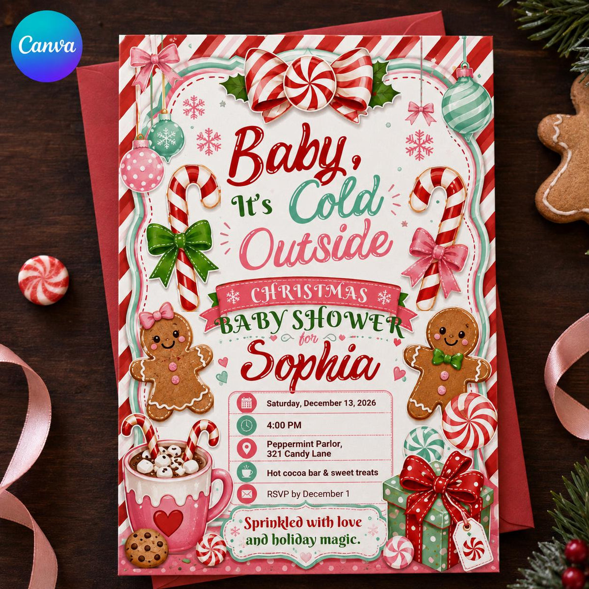 Pink Christmas Baby Shower Invitation — editable Canva template