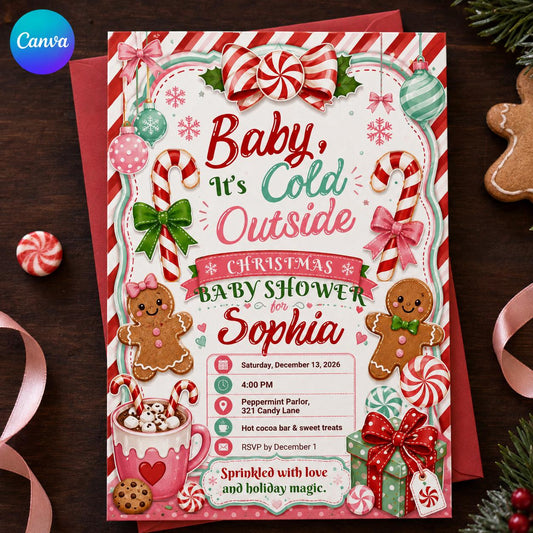 Pink Christmas Baby Shower Invitation — editable Canva template