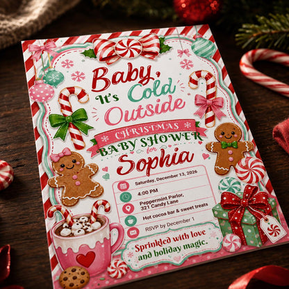 Pink Christmas Baby Shower Invitation — invitation you personalize in Canva