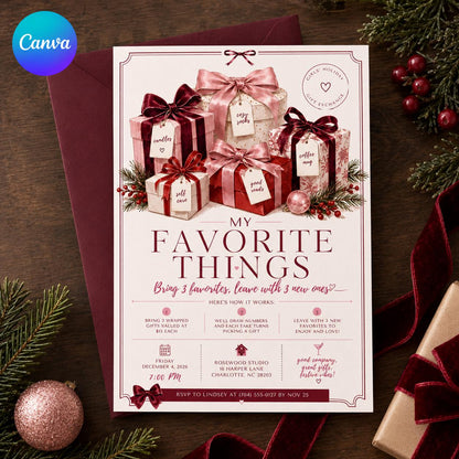Pink Favorite Things Party Invitation for Girls — editable Canva template
