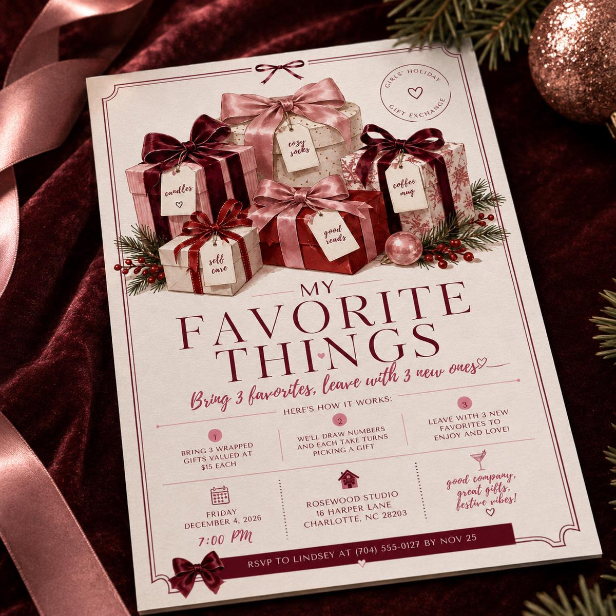 Pink Favorite Things Party Invitation for Girls — digital invitation, instant download