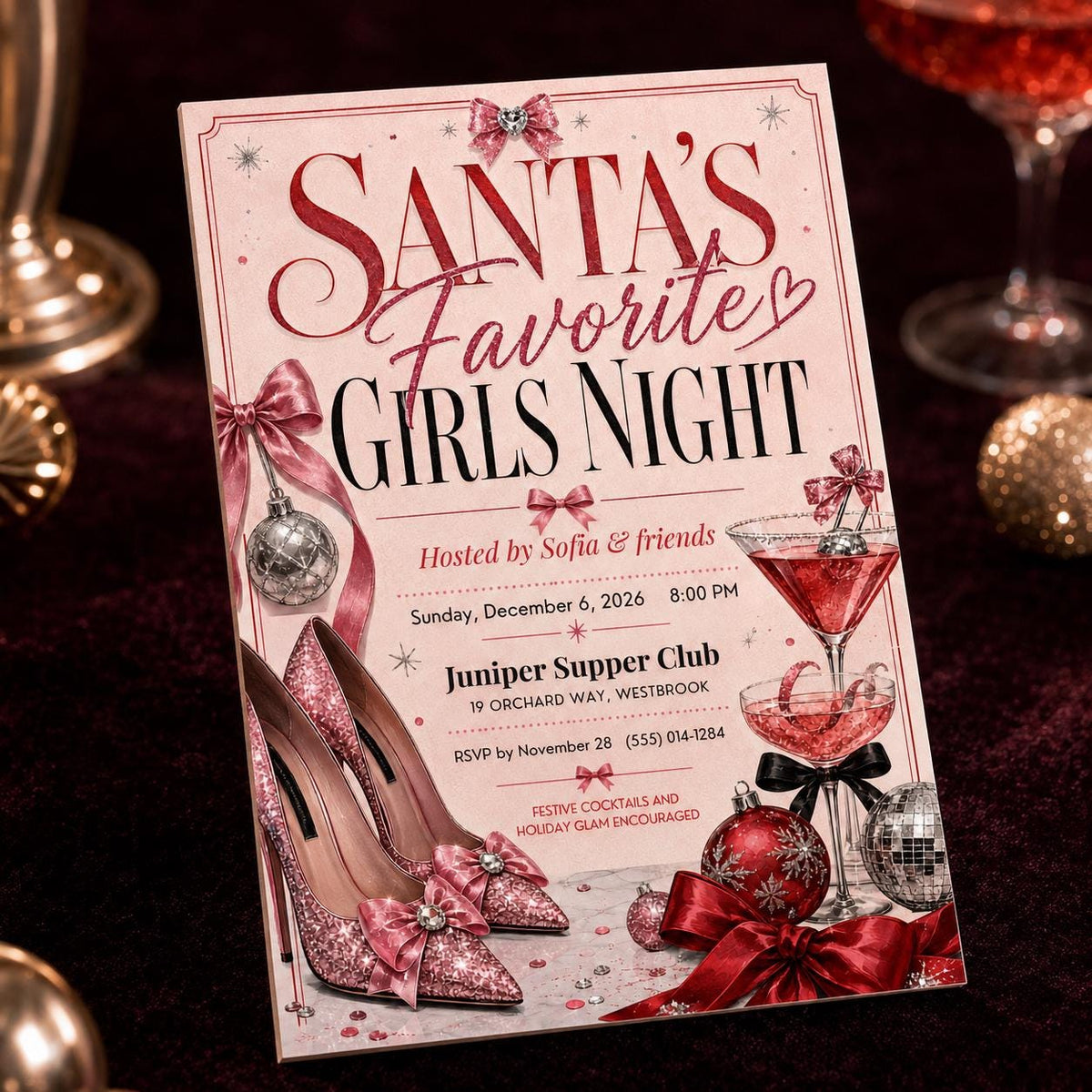 Pink Christmas Girls Night Invitation — digital invitation, instant download