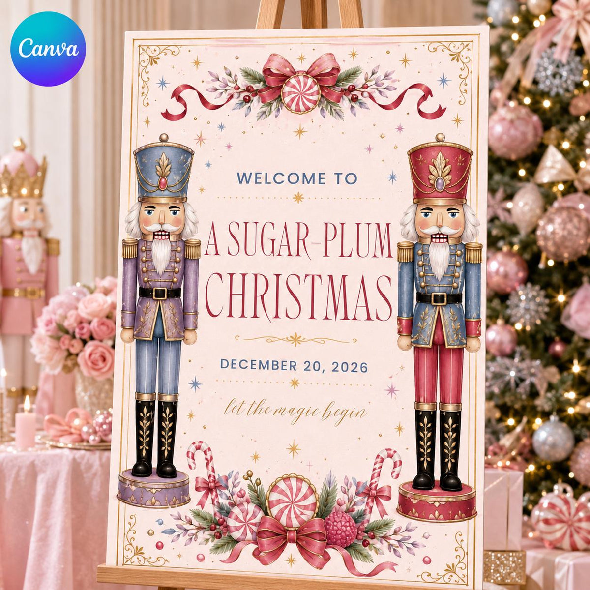 Pink Christmas Party Welcome Sign — editable Canva template