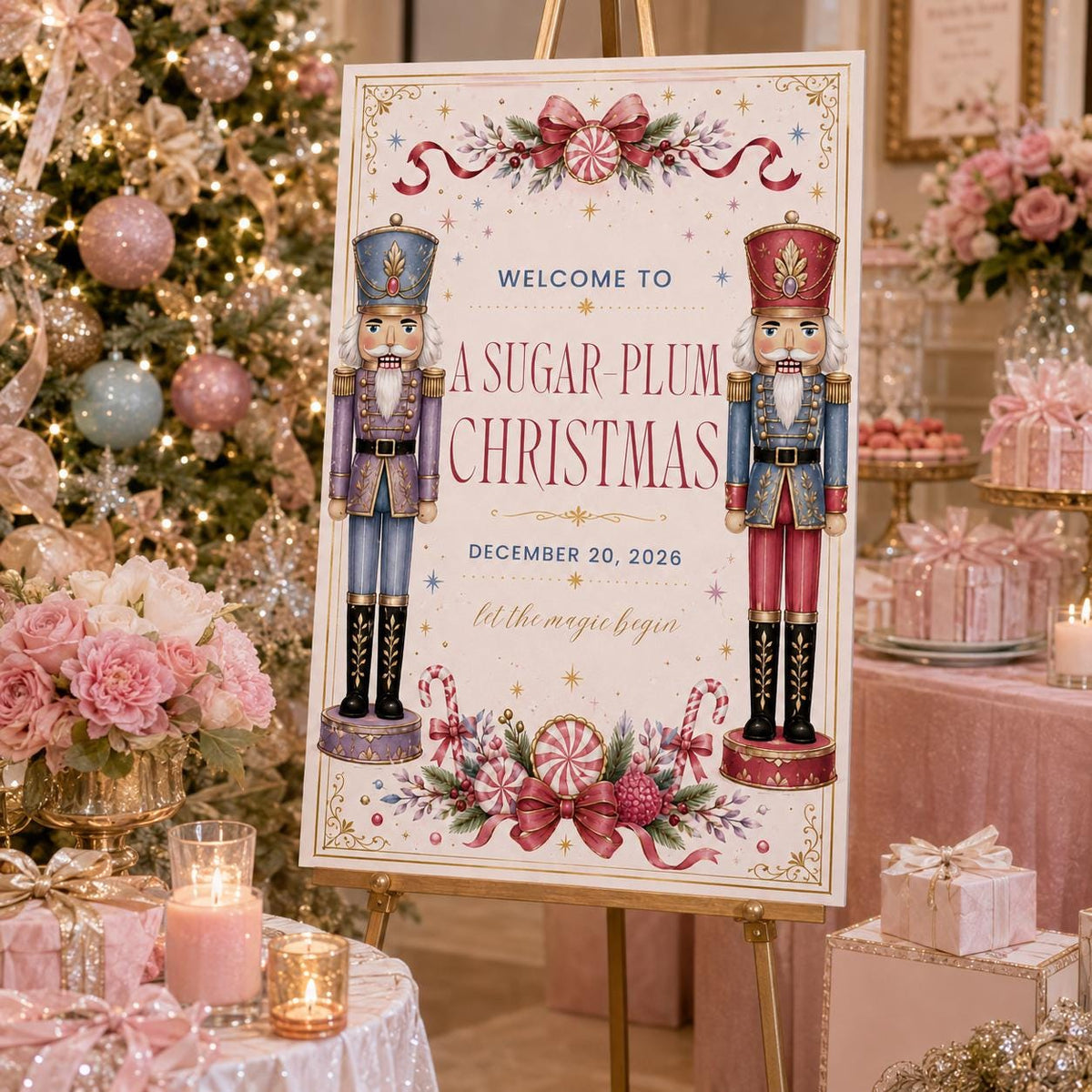 Pink Christmas Party Welcome Sign — candy and nutcracker design