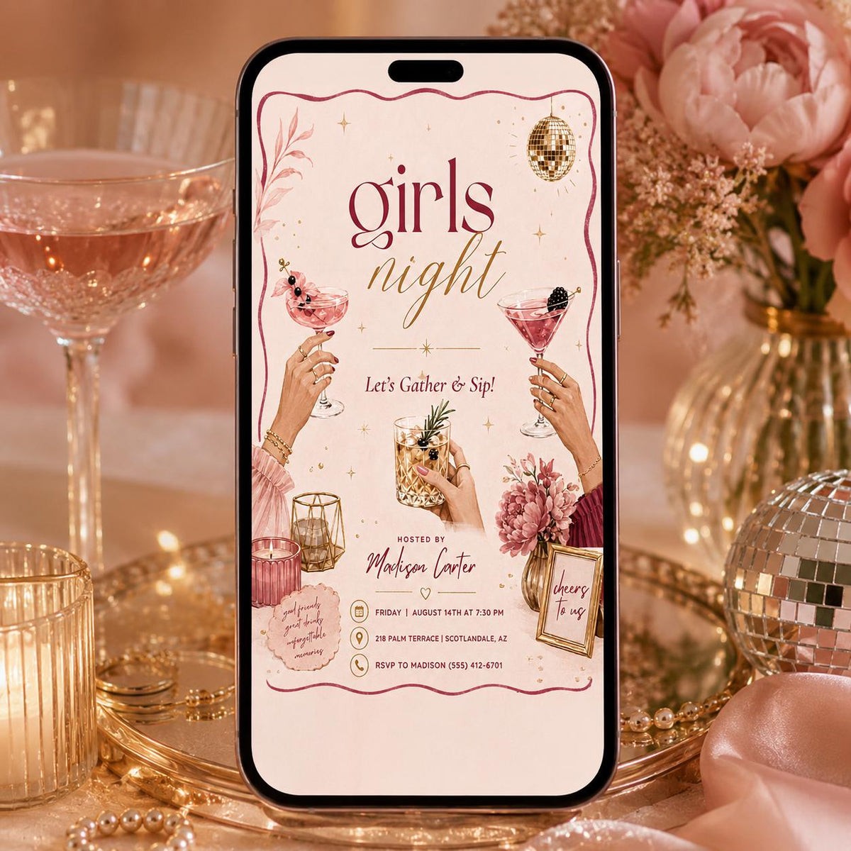 Pink Cocktail Girls Night Invitation — invitation you personalize in Canva