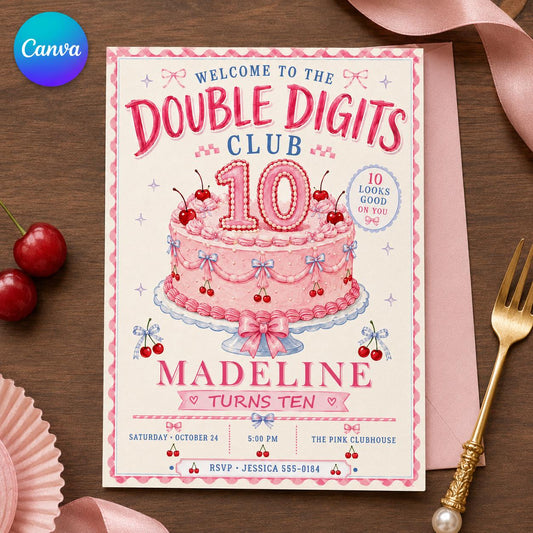 Pink Coquette 10th Birthday Invitation for Girls — editable Canva template