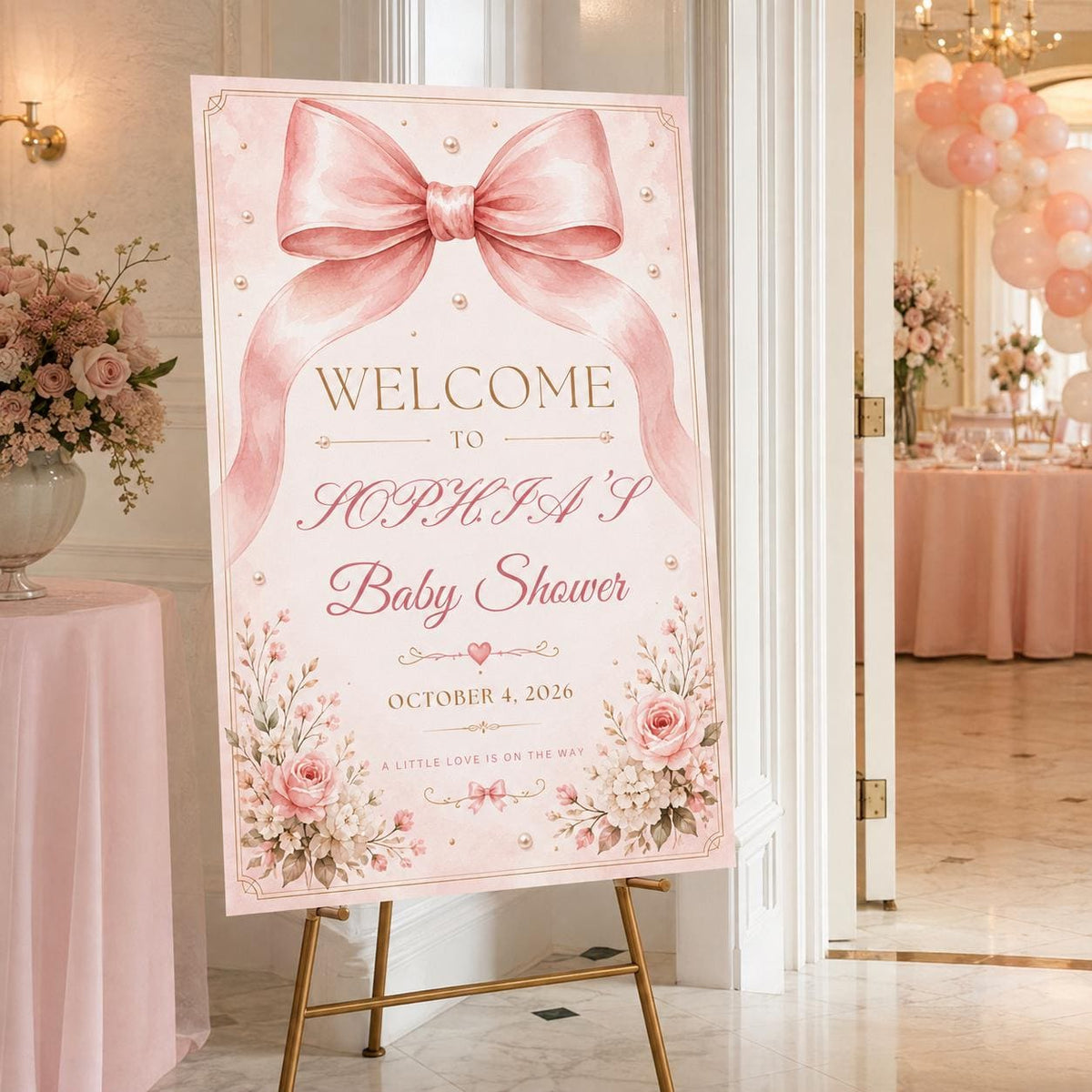 Pink Coquette Baby Shower Welcome Sign — welcome sign you personalize in Canva