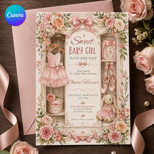 Pink Coquette Ballerina Baby Shower Invitation for Girls — editable Canva template
