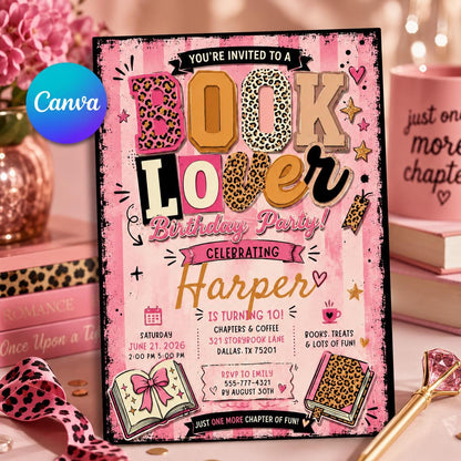 Pink Coquette Book Lover 10th Birthday Invitation for Girls — editable Canva template
