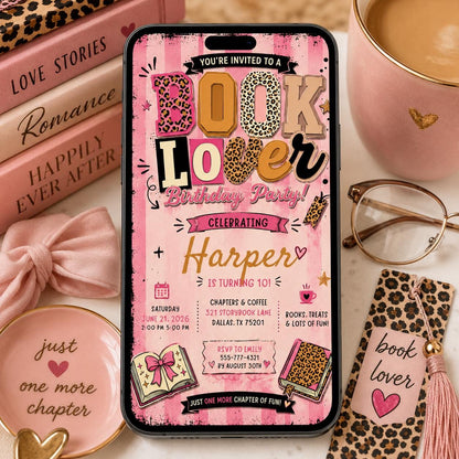 Pink Coquette Book Lover 10th Birthday Invitation for Girls — library design