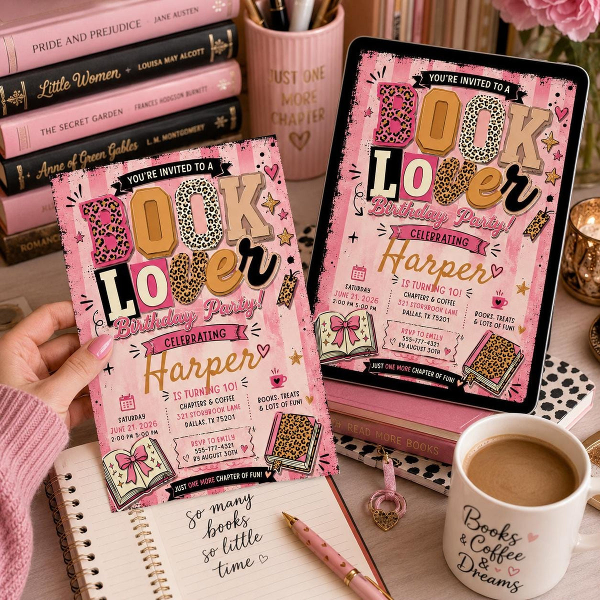 Pink Coquette Book Lover 10th Birthday Invitation for Girls — invitation you personalize in Canva