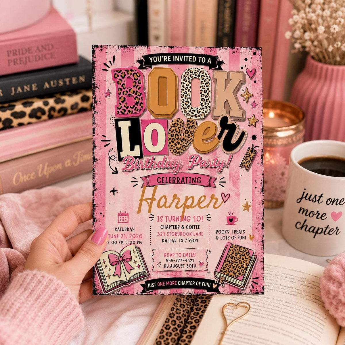 Pink Coquette Book Lover 10th Birthday Invitation for Girls — print-ready 10th birthday party design from VoltBy
