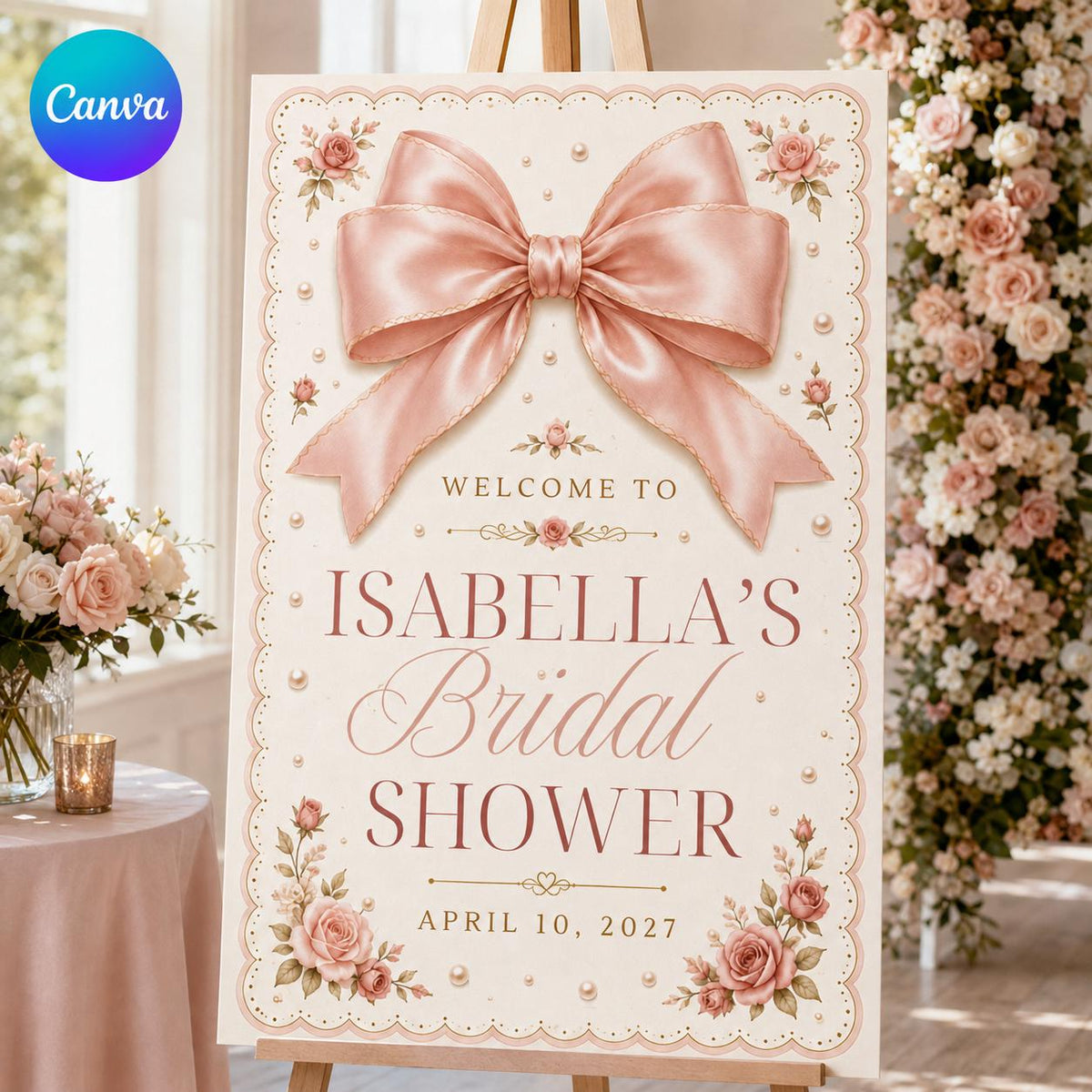 Pink Coquette Bridal Shower Welcome Sign — editable Canva template