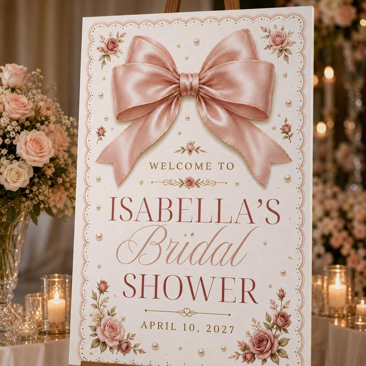 Pink Coquette Bridal Shower Welcome Sign — bow and floral design