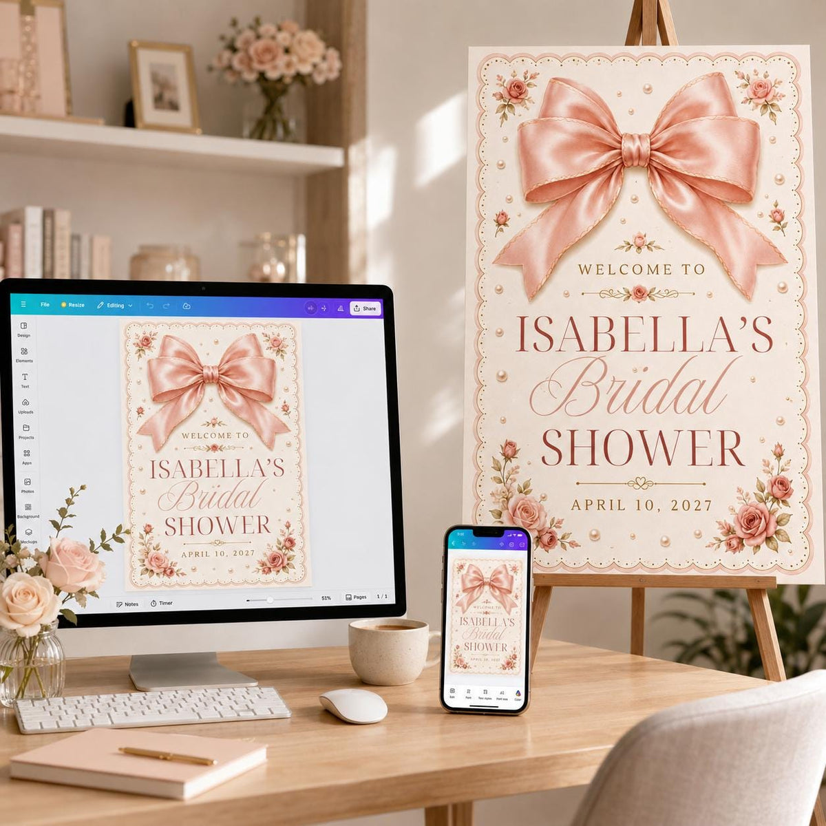 Pink Coquette Bridal Shower Welcome Sign — print-ready bridal shower design from VoltBy