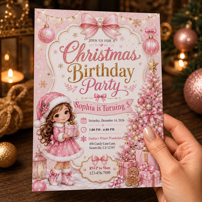Pink Coquette Christmas 5th Birthday Invitation for Girls — invitation you personalize in Canva