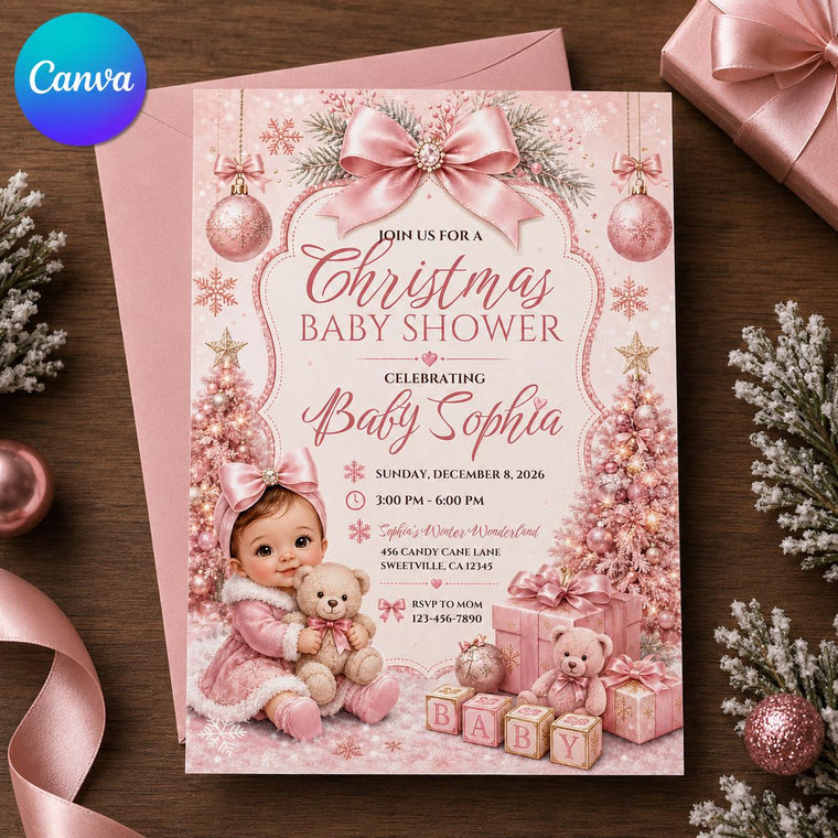 Pink Coquette Christmas Baby Shower Invitation for Girls