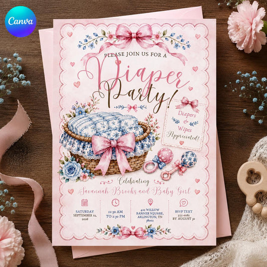 Pink Coquette Diapers and Wipes Baby Shower Invitation for Girls — editable Canva template