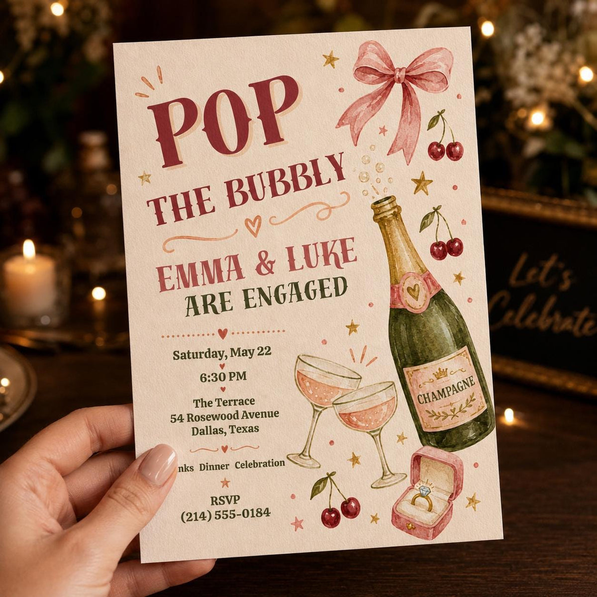 Pink Coquette Engagement Party Invitation — invitation you personalize in Canva