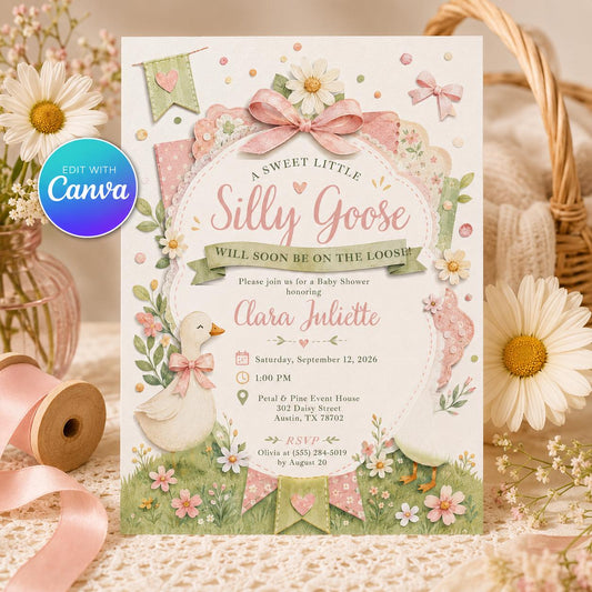 Pink Coquette Silly Goose Baby Shower Invitation for Girls — editable Canva template