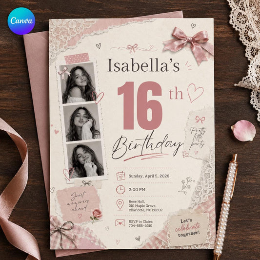 Pink Coquette Sweet 16 Photo Collage Invitation — editable Canva template