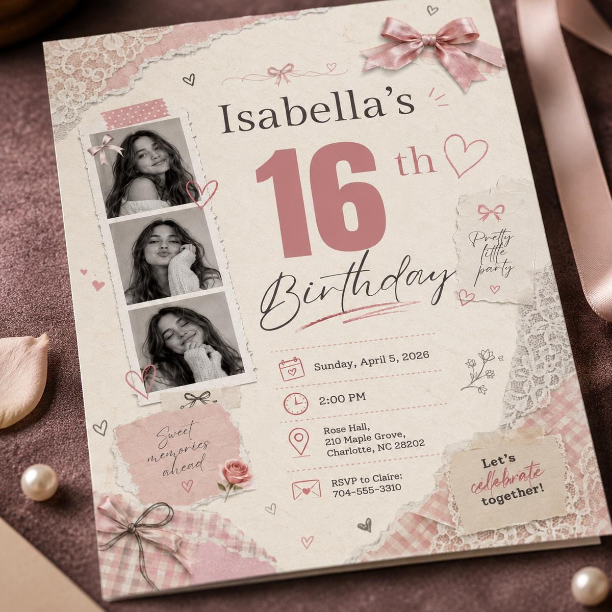 Pink Coquette Sweet 16 Photo Collage Invitation — print-ready sweet 16 design from VoltBy