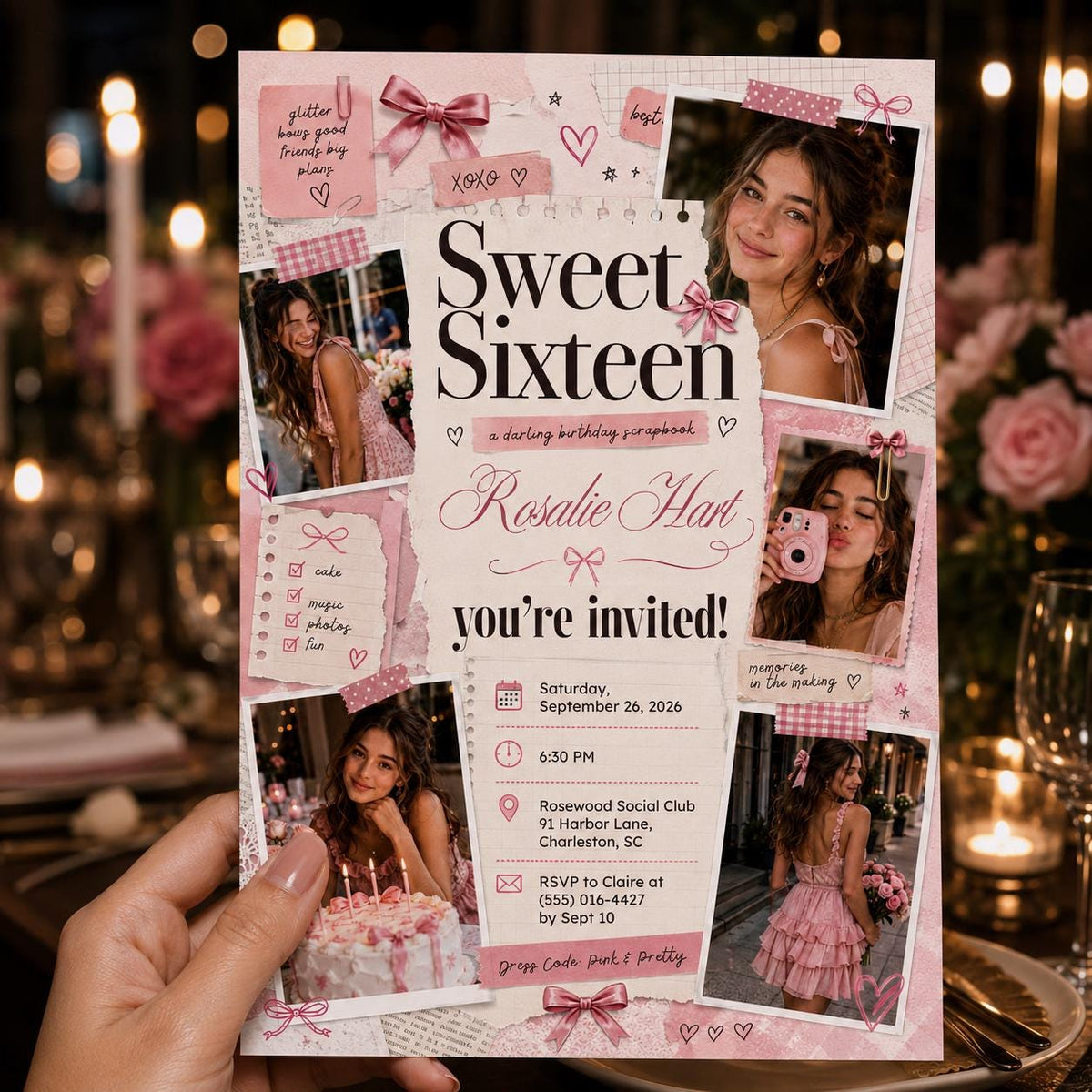 Pink Coquette Sweet 16 Scrapbook Invitation for Girls — print-ready sweet 16 design from VoltBy