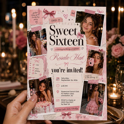 Pink Coquette Sweet 16 Scrapbook Invitation for Girls — print-ready sweet 16 design from VoltBy