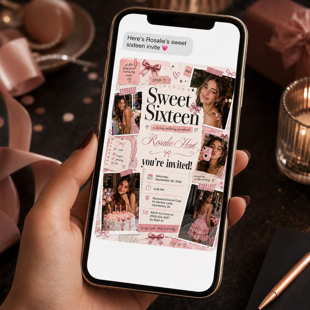 Pink Coquette Sweet 16 Scrapbook Invitation for Girls — digital invitation, instant download