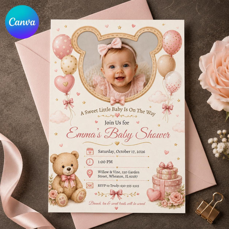 Pink Coquette Teddy Bear Baby Shower Invitation for Girls