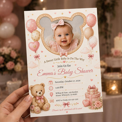 Pink Coquette Teddy Bear Baby Shower Invitation for Girls — print-ready baby shower design from VoltBy