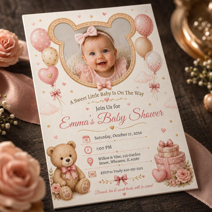 Pink Coquette Teddy Bear Baby Shower Invitation for Girls — baby shower stationery by VoltBy