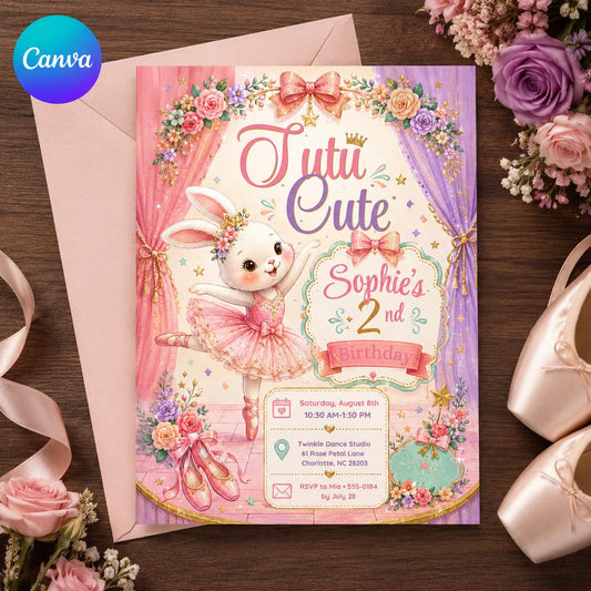 Pink Coquette Tutu Cute 2nd Birthday Invitation for Girls — editable Canva template
