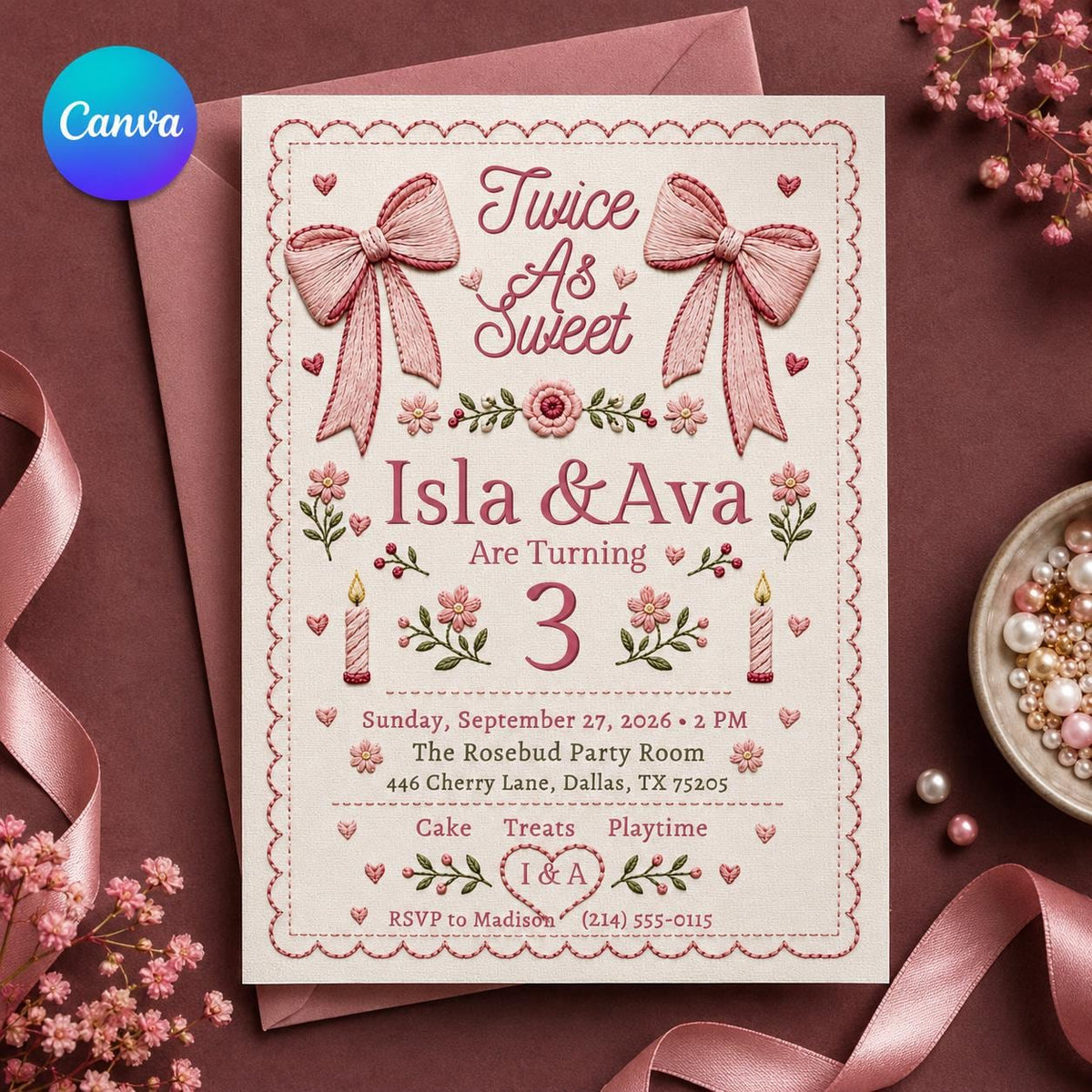 Pink Coquette Twin 3rd Birthday Invitation — editable Canva template