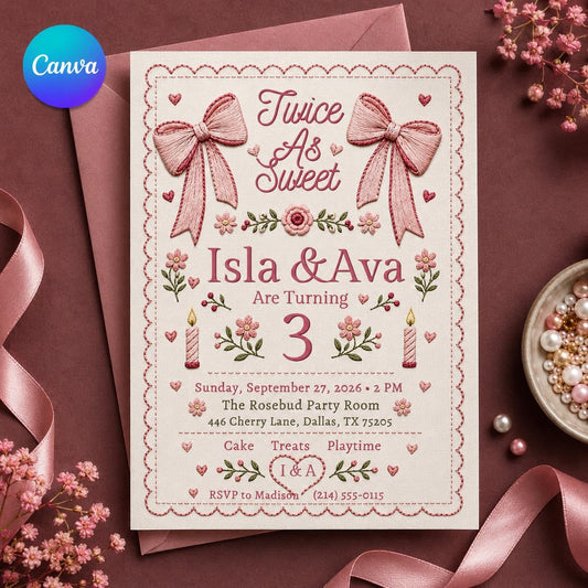 Pink Coquette Twin 3rd Birthday Invitation — editable Canva template