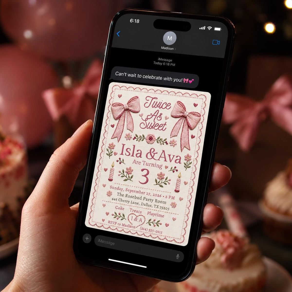 Pink Coquette Twin 3rd Birthday Invitation — bow and embroidery design
